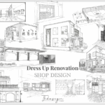 テーマパーク風の店舗外観や内装デザインのスケッチをコラージュしたNタウン建設事業部のショップデザインイメージ画像