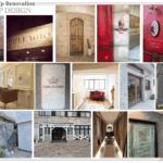 エヌタウン建設事業部が手がけるレンガ壁や赤いエントランス、美容室やカフェなど多様な店舗外観と内装デザインを並べたDress Up Renovationショップデザインの実例コラージュ画像