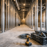 店舗内装工事の施工途中現場 軽量鉄骨下地と天井配線が見える店舗工事空間